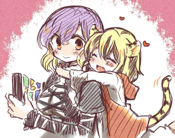 2girls, animal_ears, blonde_hair, blush, gradient_hair, heart, hijiri_byakuren, hug, hug_from_behind, moryu, multicolored_hair, multiple_girls, purple_hair, red_eyes, smile, sorcerer's_sutra_scroll, tail, tiger_ears, tiger_tail, toramaru_shou, touhou, young