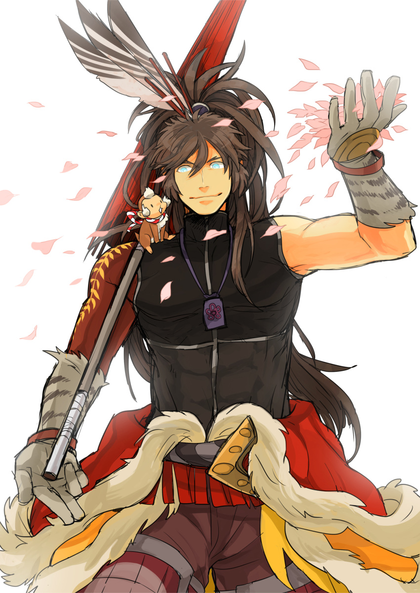 1boy, 5-502, animal_on_shoulder, blue_eyes, bracelet, brown_hair, dark_skin, feathers