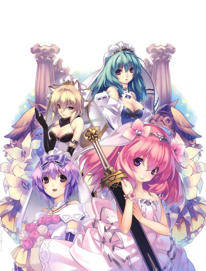 4girls, agarest_senki_2, aina_(agarest_senki), animal_ears, bare_shoulders, blonde_hair, bow, breasts