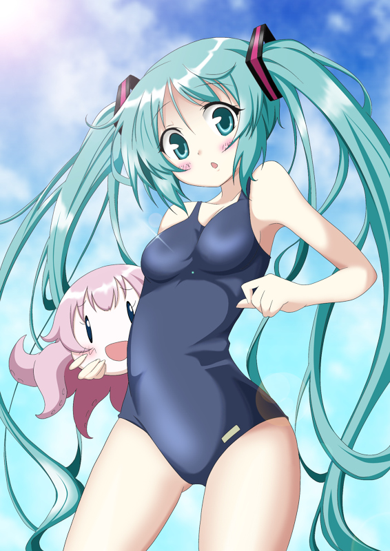 colored, dekosuke, hatsune_miku, long_hair, megurine_luka, one-piece_swimsuit, reiran, school_swimsuit