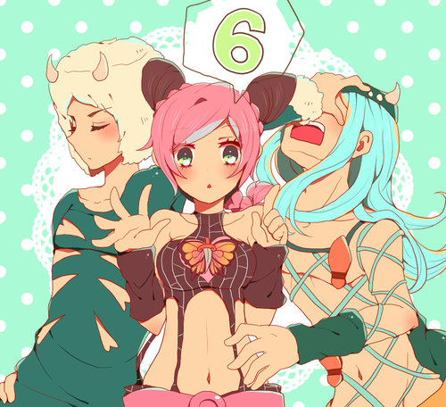 1girl, 2boys, alice-whiteberry, blue_hair, countdown, double_bun, fur_hat, green_eyes