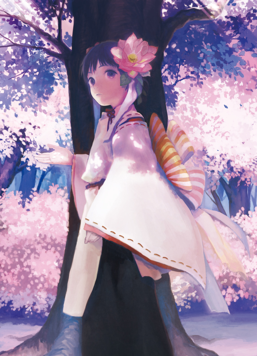 1girl, absurdres, bow, cherry_blossoms, flower, hair_flower, hair_ornament, highres