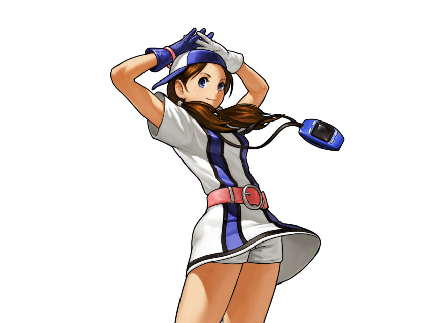 1girl, ai_(snk), baseball_cap, baseball_uniform, belt, blue_eyes, bracelet, brown_hair
