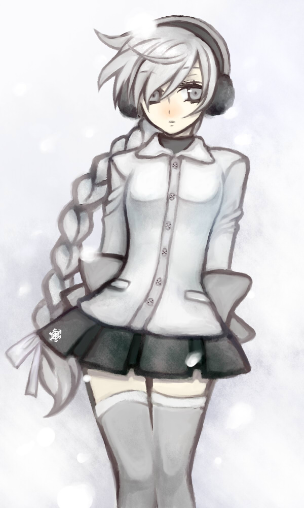 coat, earmuffs, grey_eyes, hair_ribbon, long_hair, ponytail, ribbon, sekka_yufu