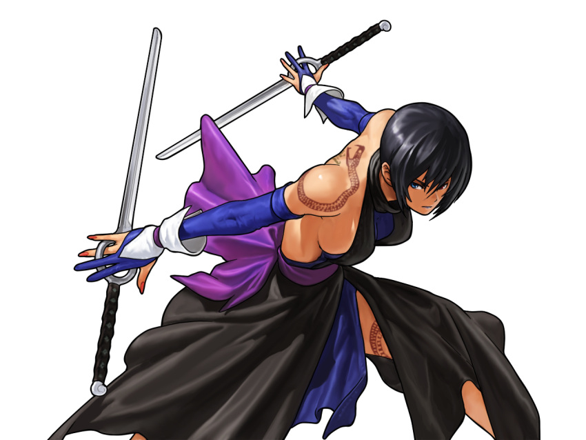 1girl, bare_shoulders, black_hair, breasts, dual_wielding, elbow_gloves, eyeshadow, gloves
