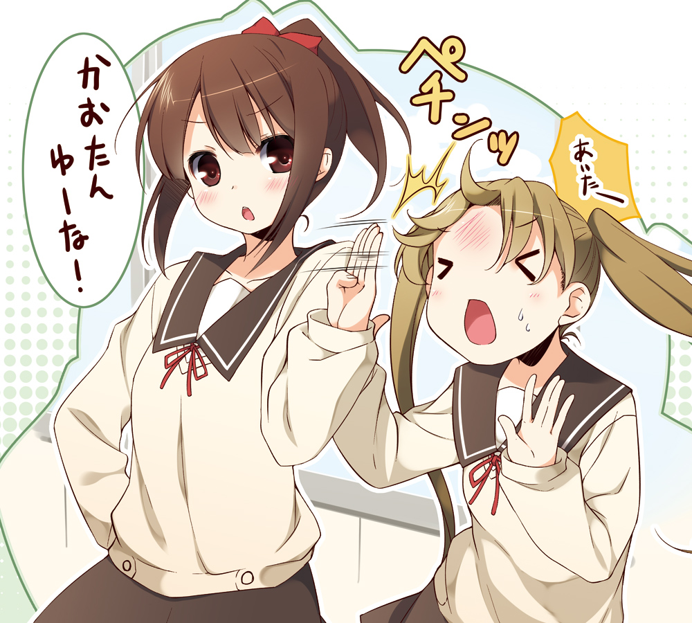 >_<, 2girls, blush, brown_eyes, brown_hair, hair_ribbon, hanawa_kaoru, multiple_girls