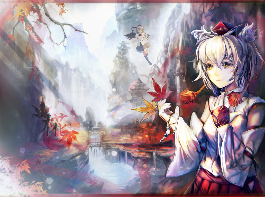 2girls, alternate_eye_color, alternate_hair_color, animal_ears, autumn_leaves, bird_wings, bracelet, bridge