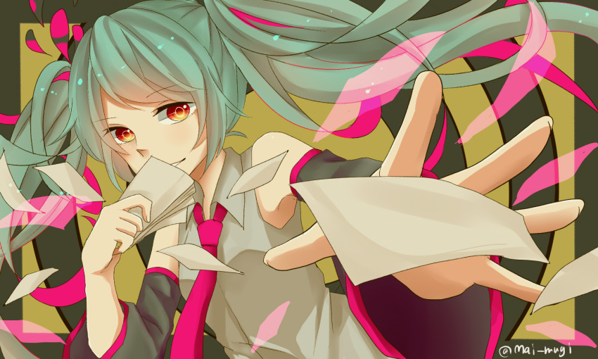 1girl, artist_name, detached_sleeves, foreshortening, green_hair, hatsune_miku, long_hair, mai_mugi