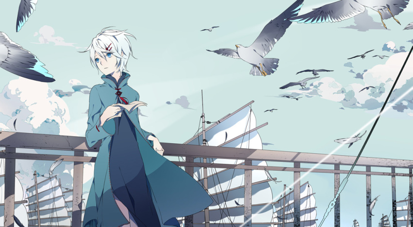 1girl, bird, blue_eyes, clouds, fence, hair_ornament, hairclip, mouseqi