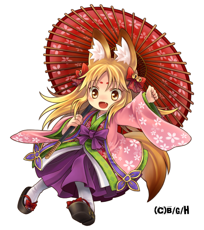 1girl, animal_ears, bell, blonde_hair, bow, emil_chronicle_online, fang, fox_ears