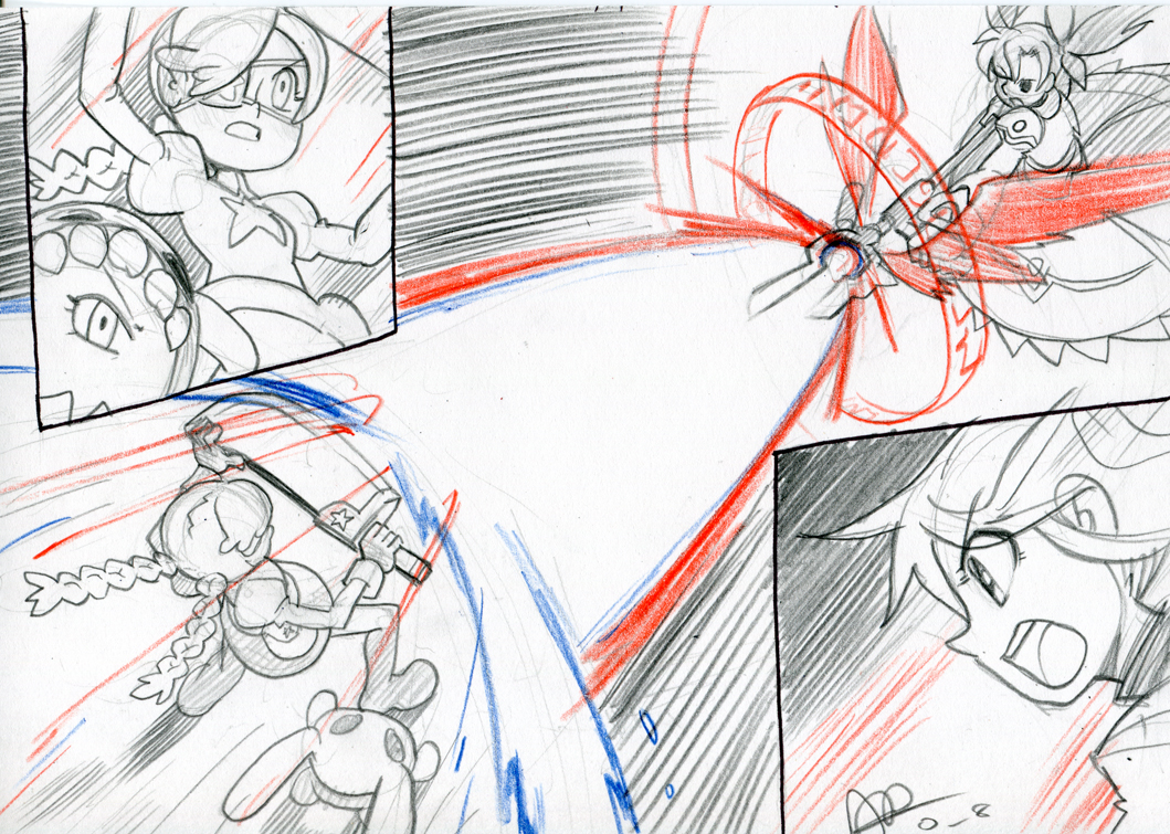 2girls, alex_ahad, annie_(skullgirls), battle, belt_pouch, blocking, boots, braid