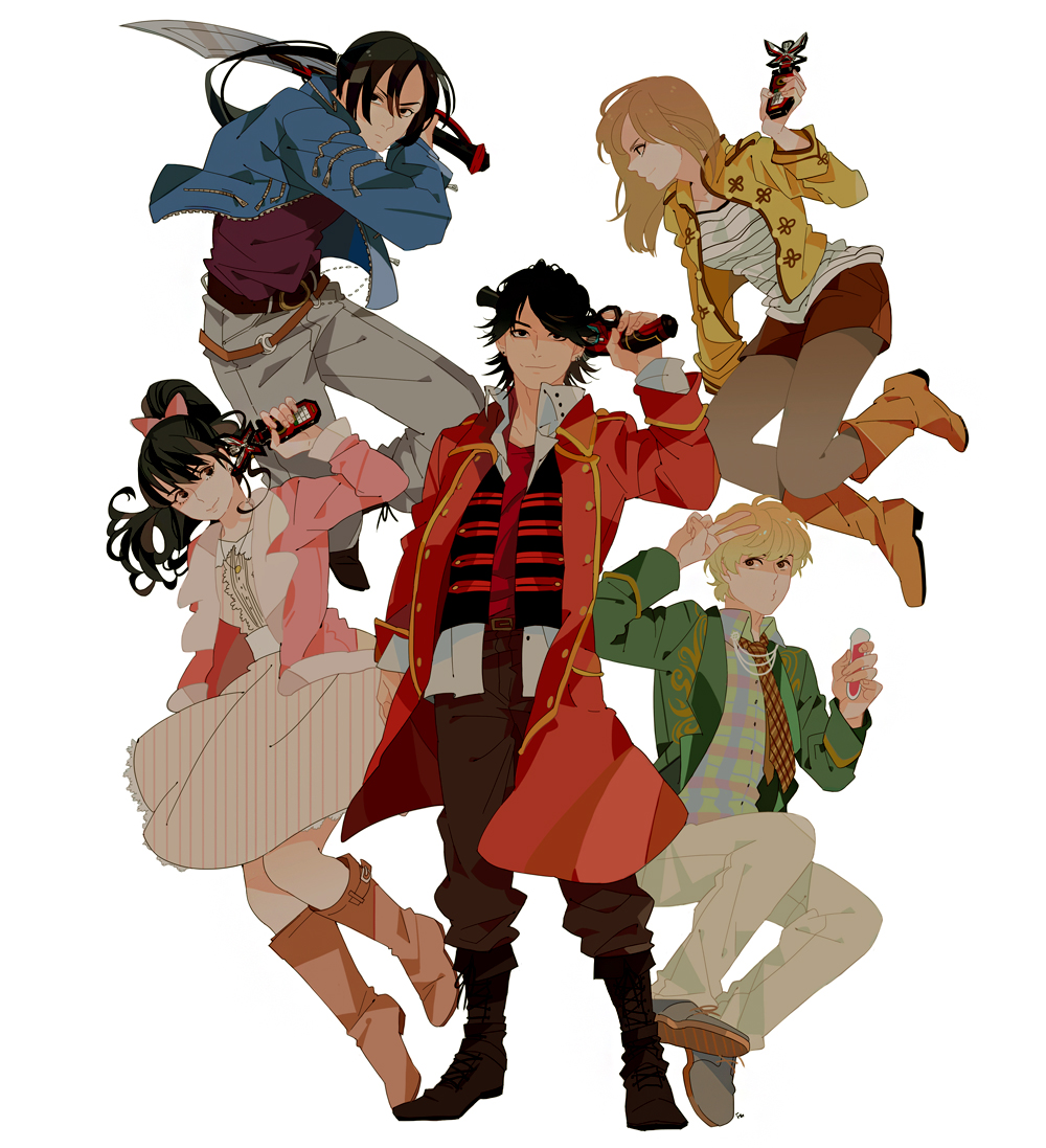 2girls, 3boys, adam's_apple, ahim_de_famille, bare_legs, belt, black_hair, blazer