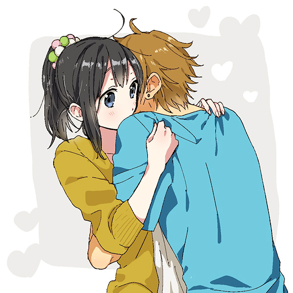 1boy, 1girl, ahoge, black_hair, blue_eyes, brown_hair, couple, earrings