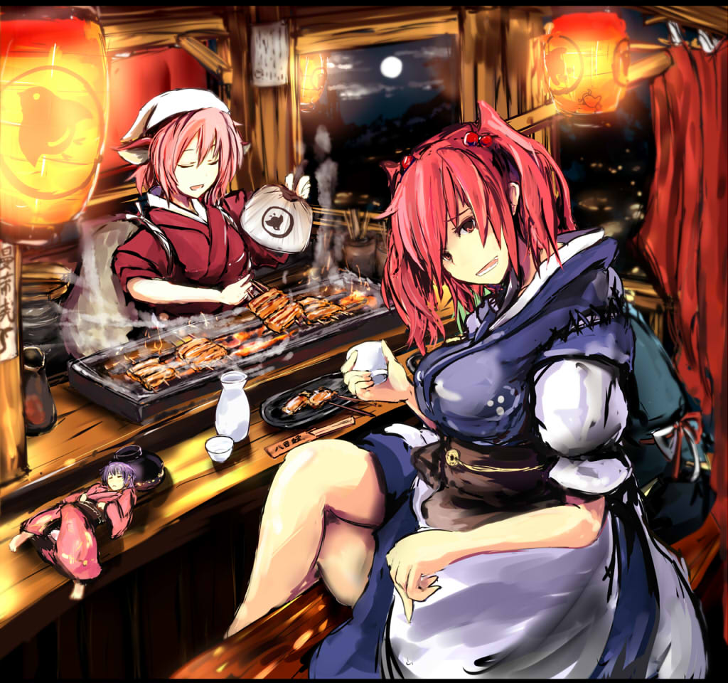 4girls, alcohol, animal_ears, apron, back, blush, bowl, breasts
