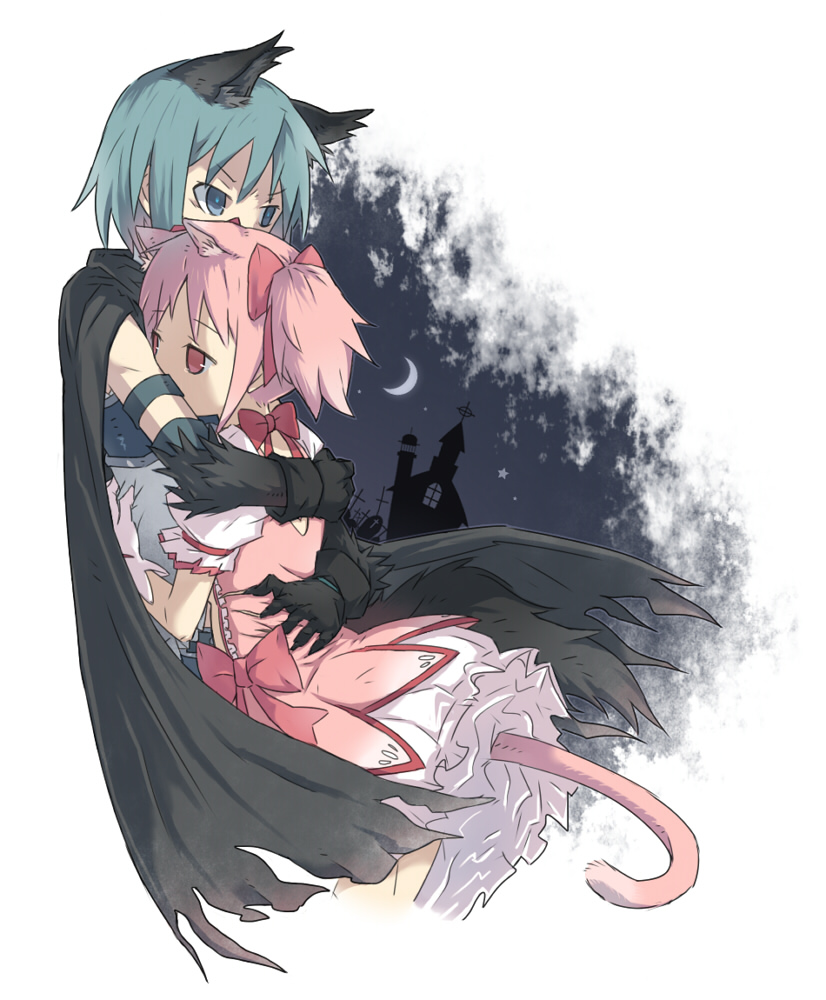 2girls, animal_ears, armband, blue_eyes, blue_hair, cape, cat_ears, cat_tail