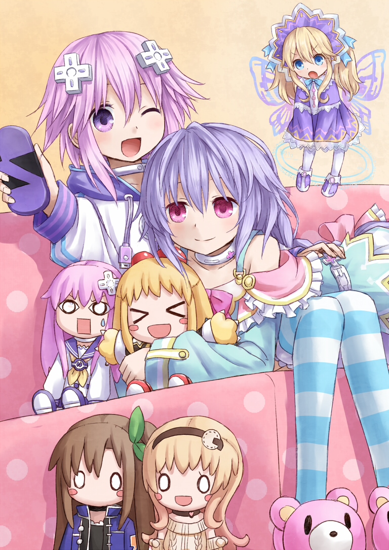 blonde_hair, choujigen_game_neptune, compa, doll, hair_ornament, histoire, if_(choujigen_game_neptune), nepgear, nepgyaa, neptune_(choujigen_game_neptune), peashy, purple_hair, pururut, smile, violet_eyes, wink, yuyuzuki_(yume_usagi)