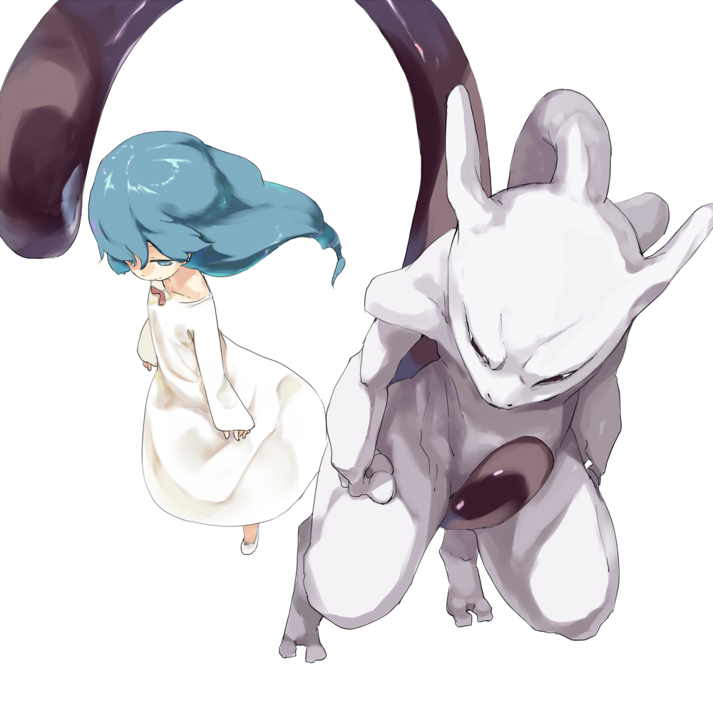 1girl, ai2, blue_hair, dress, long_hair, mewtwo, nyora_(soredemosekai), pokemon
