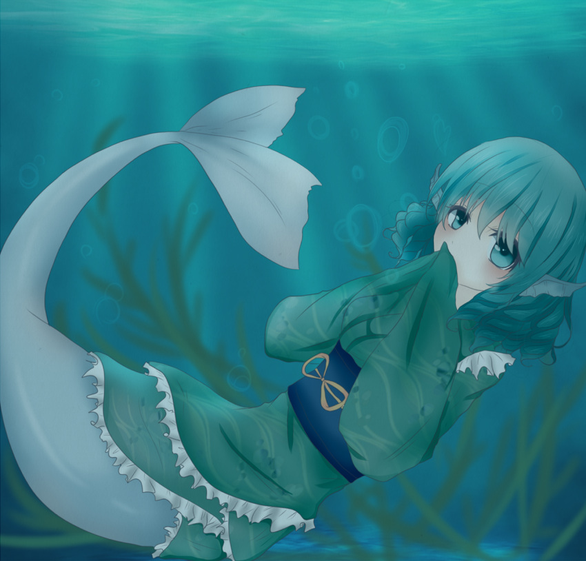 1girl, blue_eyes, blue_hair, bubble, covering_mouth, head_fins, highres, japanese_clothes