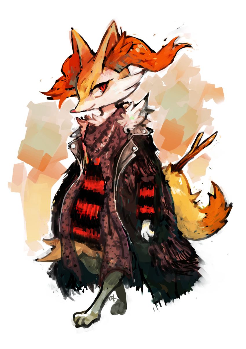barefoot, braixen, fashion, fur_coat, highres, no_humans, pokemon, pokemon_(creature), pokemon_(game), pokemon_xy, red_eyes, scarf, shizuku_(asanuma), smile, snout, solo, stick, striped, sweater