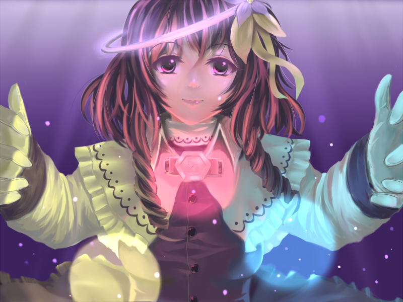 brown_hair, capelet, clasp, dress, drill_hair, flower, gloves, hair_flower