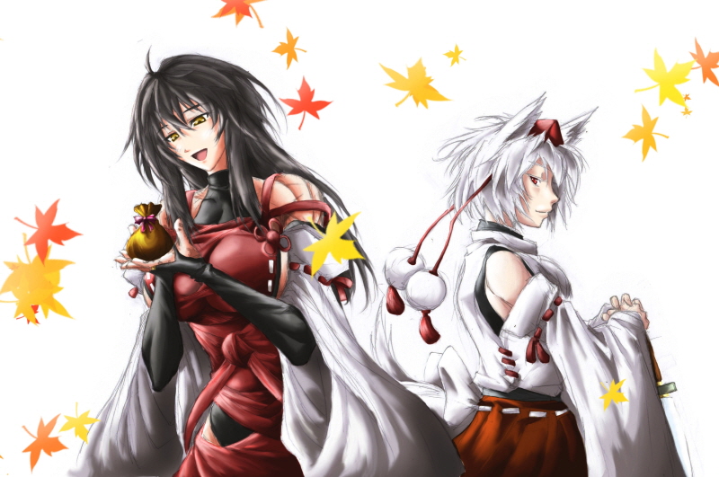 2girls, animal_ears, bare_shoulders, black_hair, breasts, bridal_gauntlets, detached_sleeves, hakama