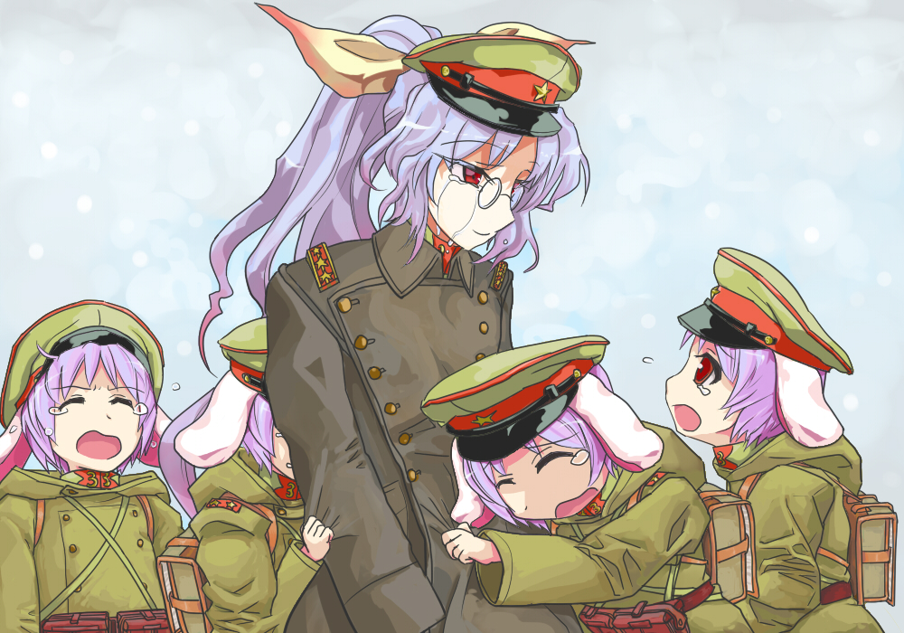 5girls, animal_ears, bow, clone, crying, epaulettes, glasses, hair_bow