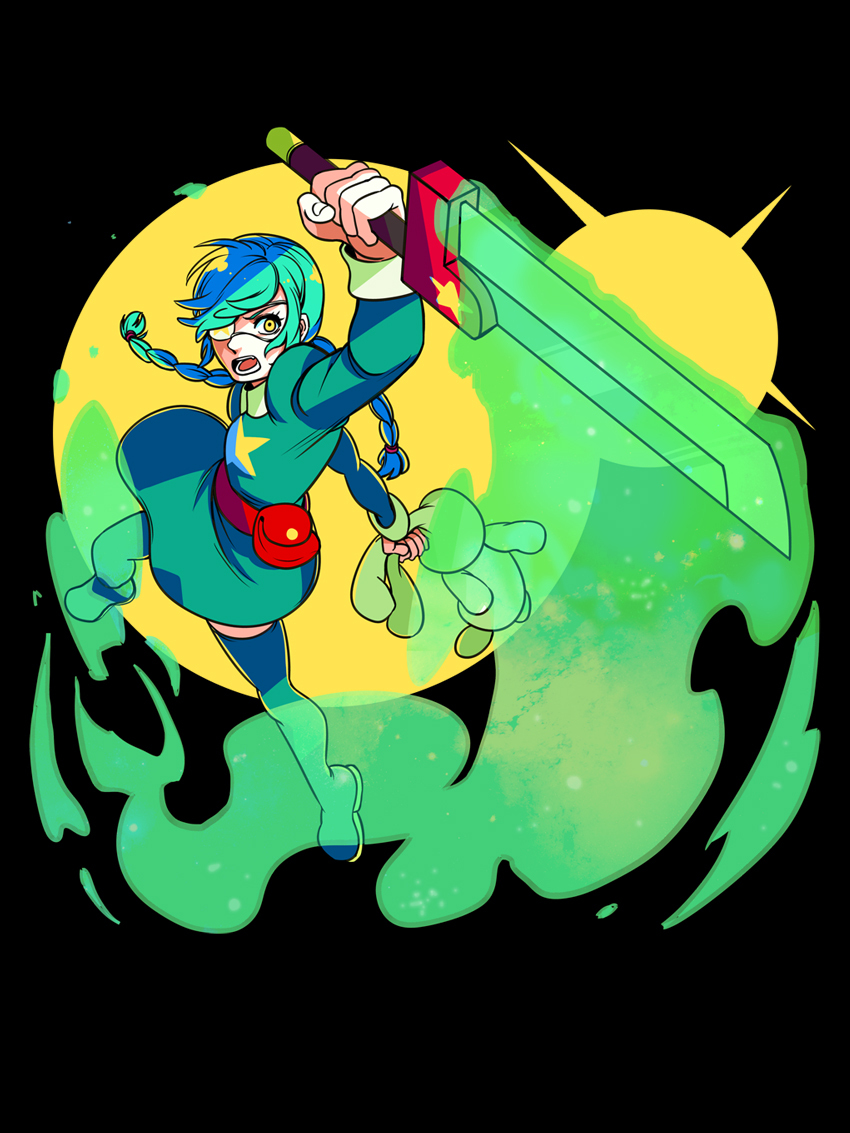 1girl, annie_(skullgirls), attack, belt, belt_pouch, boots, braid, diana_lin, dress, eyepatch, green_hair, long_hair, official_art, open_mouth, reverse_grip, sagan_(skullgirls), skullgirls, solo, star, stuffed_animal, stuffed_bunny, stuffed_toy, sword, thigh-highs, thigh_boots, twin_braids, volcanic_viper, weapon, yellow_eyes, zettai_ryouiki