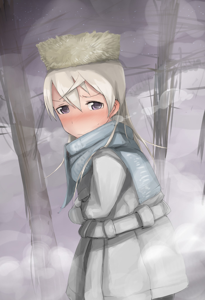blonde_hair, blush, coat, eila_ilmatar_juutilainen, fur_hat, gloves, hat, long_hair