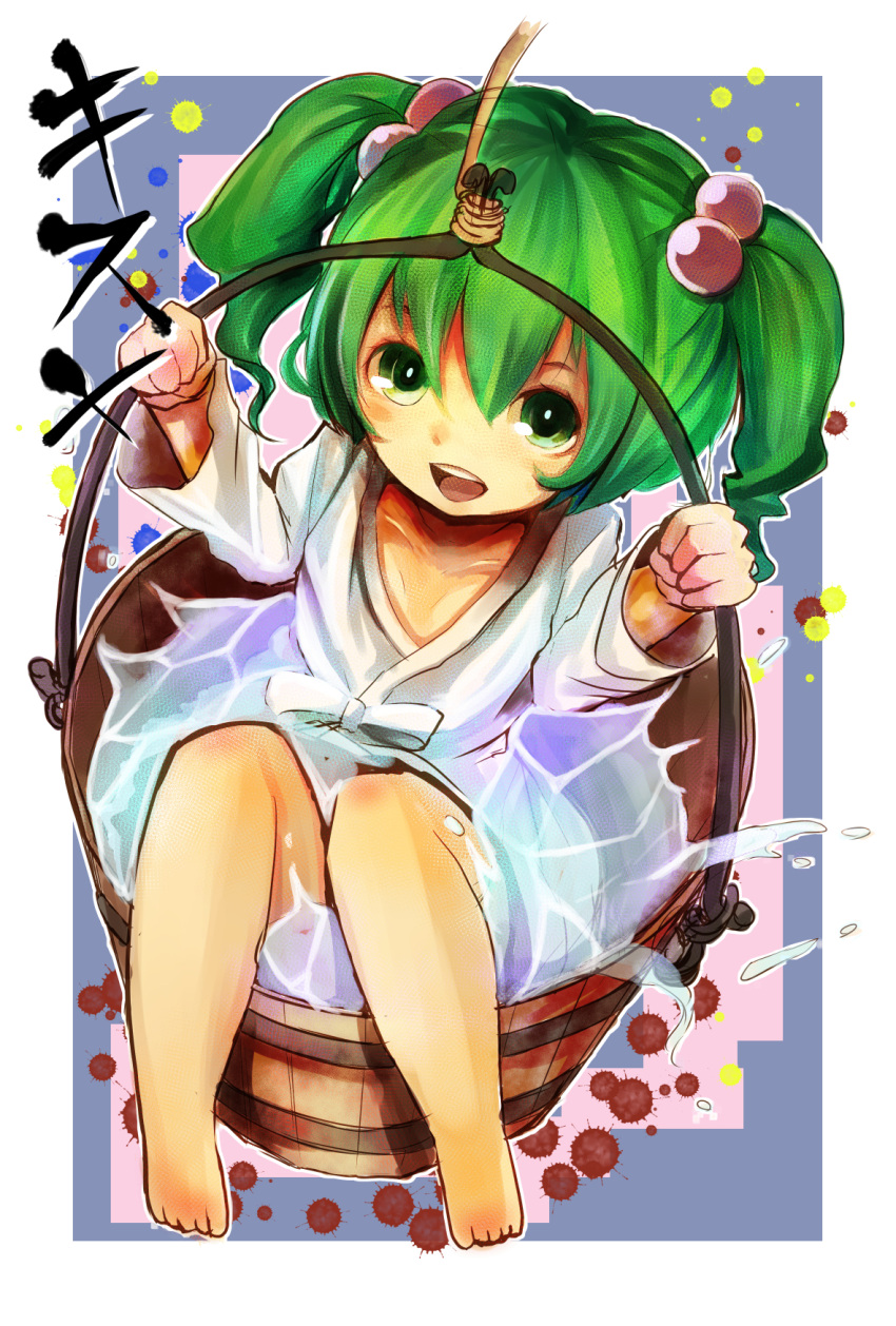 1girl, barefoot, bucket, from_above, green_eyes, green_hair, hair_bobbles, hair_ornament