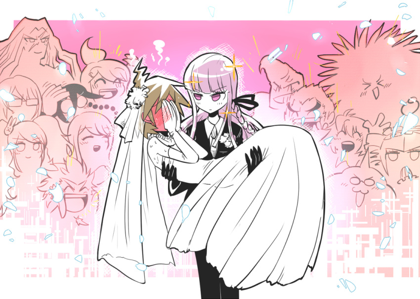 asahina_aoi, bare_shoulders, blush, braid, bridal_veil, brown_hair, carrying, celestia_rudenberk