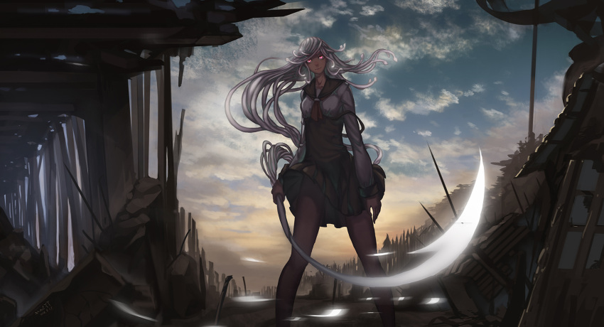 1girl, bakemonogatari, clouds, hair_weapon, highres, long_hair, madyy, monogatari_(series)