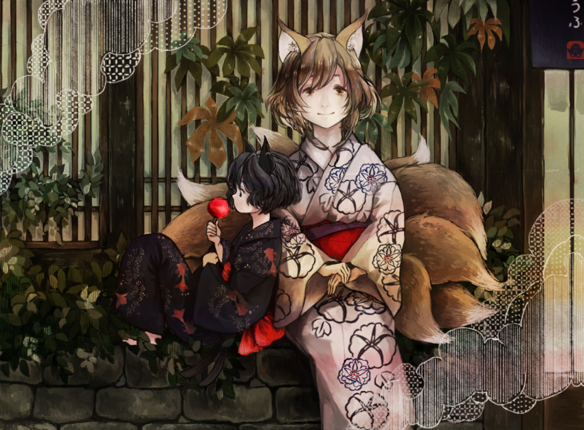 2girls, alternate_costume, black_hair, blonde_hair, brown_eyes, candy_apple, cat_tail, chen
