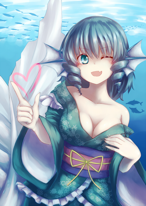 1girl, bare_shoulders, blue_eyes, blue_hair, breasts, cheungchz, cleavage, collarbone, dolphin, fang, fish, floral_print, head_fins, heart, japanese_clothes, kimono, large_breasts, long_sleeves, looking_at_viewer, mermaid, monster_girl, obi, off_shoulder, open_mouth, smile, solo, touhou, underwater, wakasagihime, wide_sleeves, wink