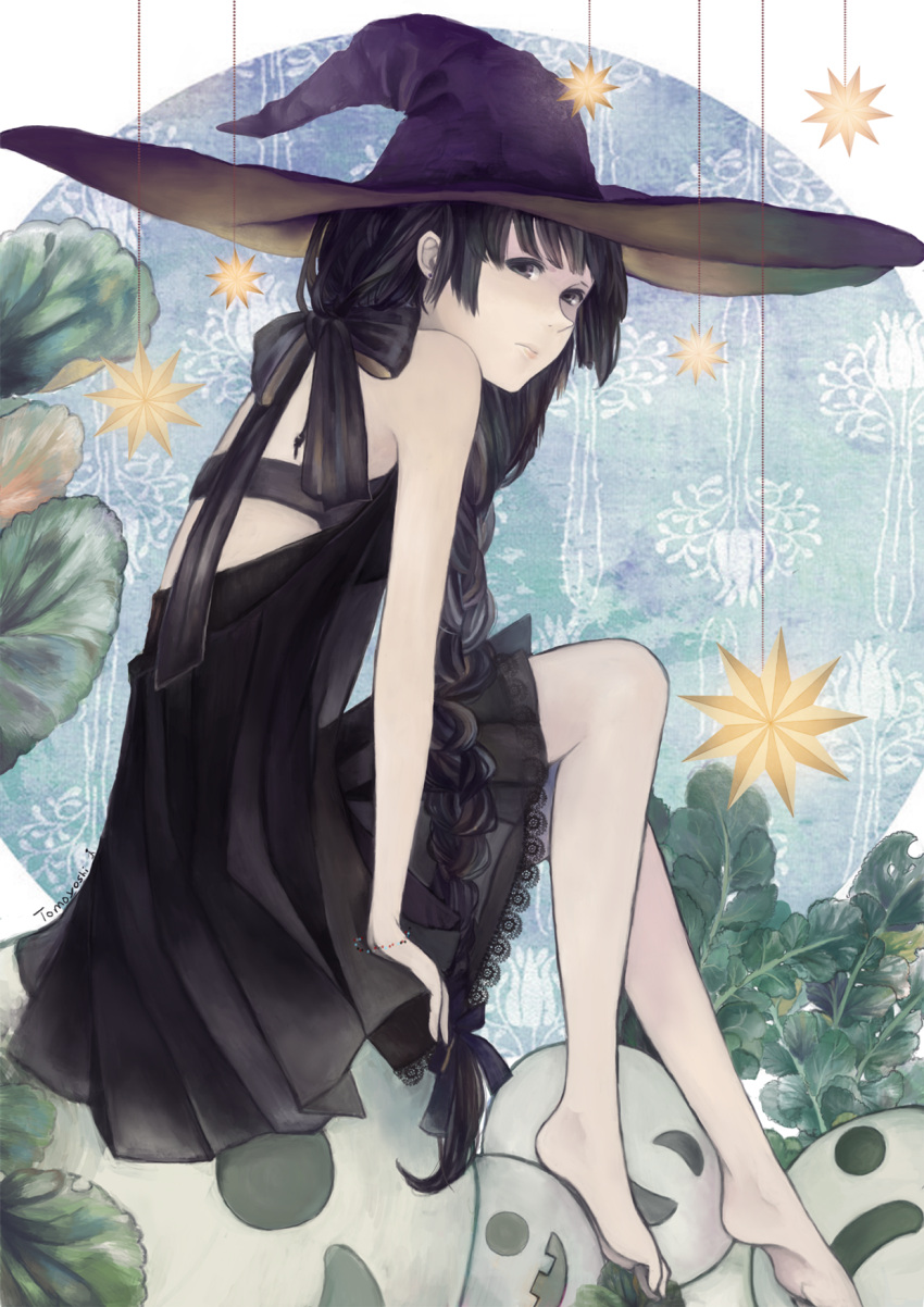 1girl, barefoot, black_eyes, black_hair, bow, braid, dress, halloween