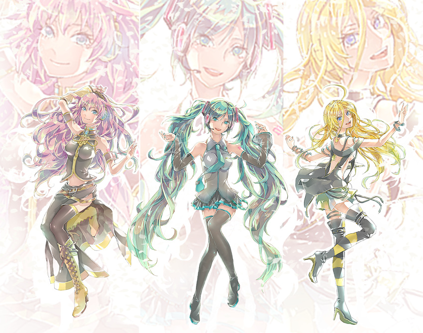 3girls, ahoge, arm_up, blonde_hair, blue_eyes, boots, bracelet, cross-laced_footwear