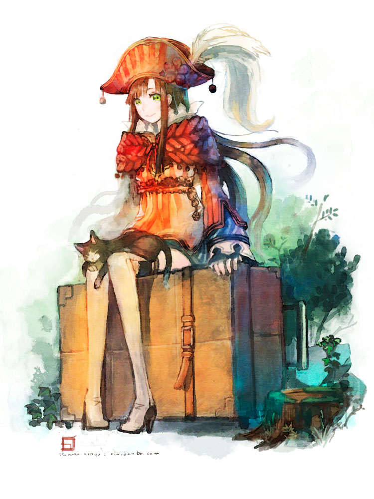 1girl, bicorne, boots, brown_hair, buckle, capelet, cat, cat_on_lap