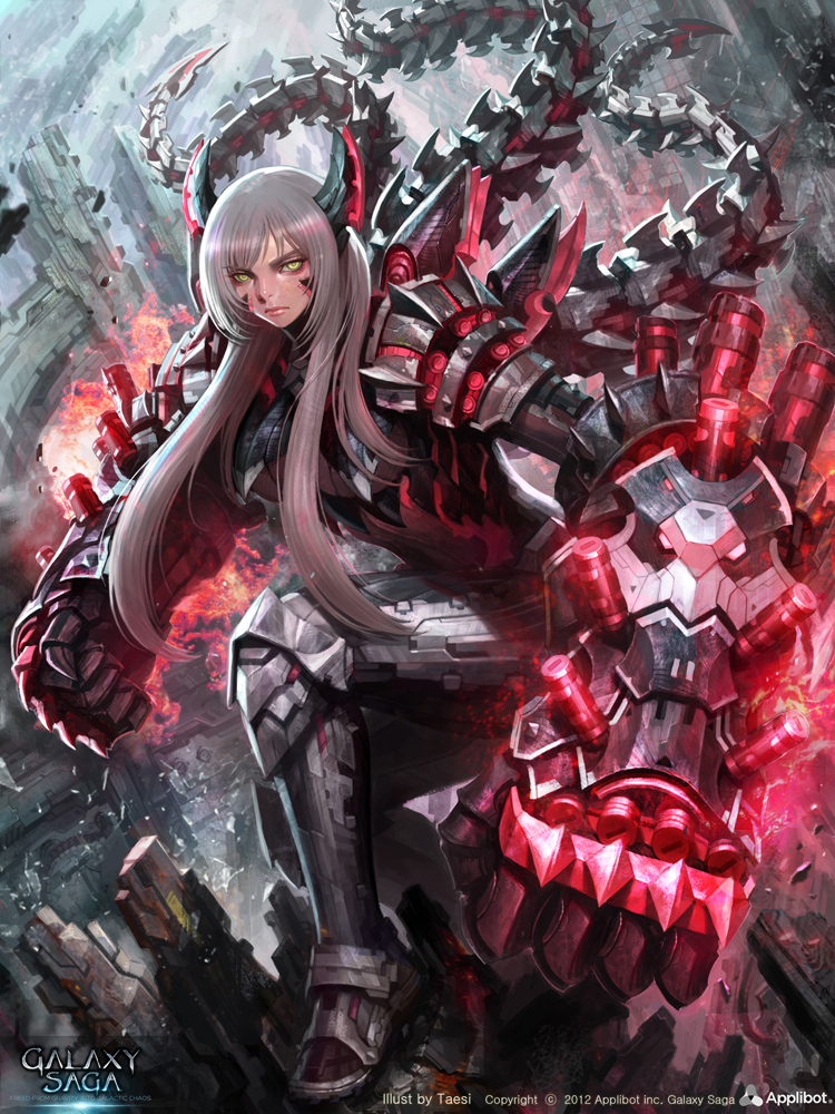 1girl, bodysuit, galaxy_saga, horns, lips, long_hair, mechanical_arms, neon_trim