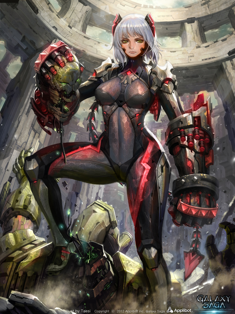 1girl, bodysuit, breasts, galaxy_saga, hair_ornament, lips, mechanical_arms, neon_trim