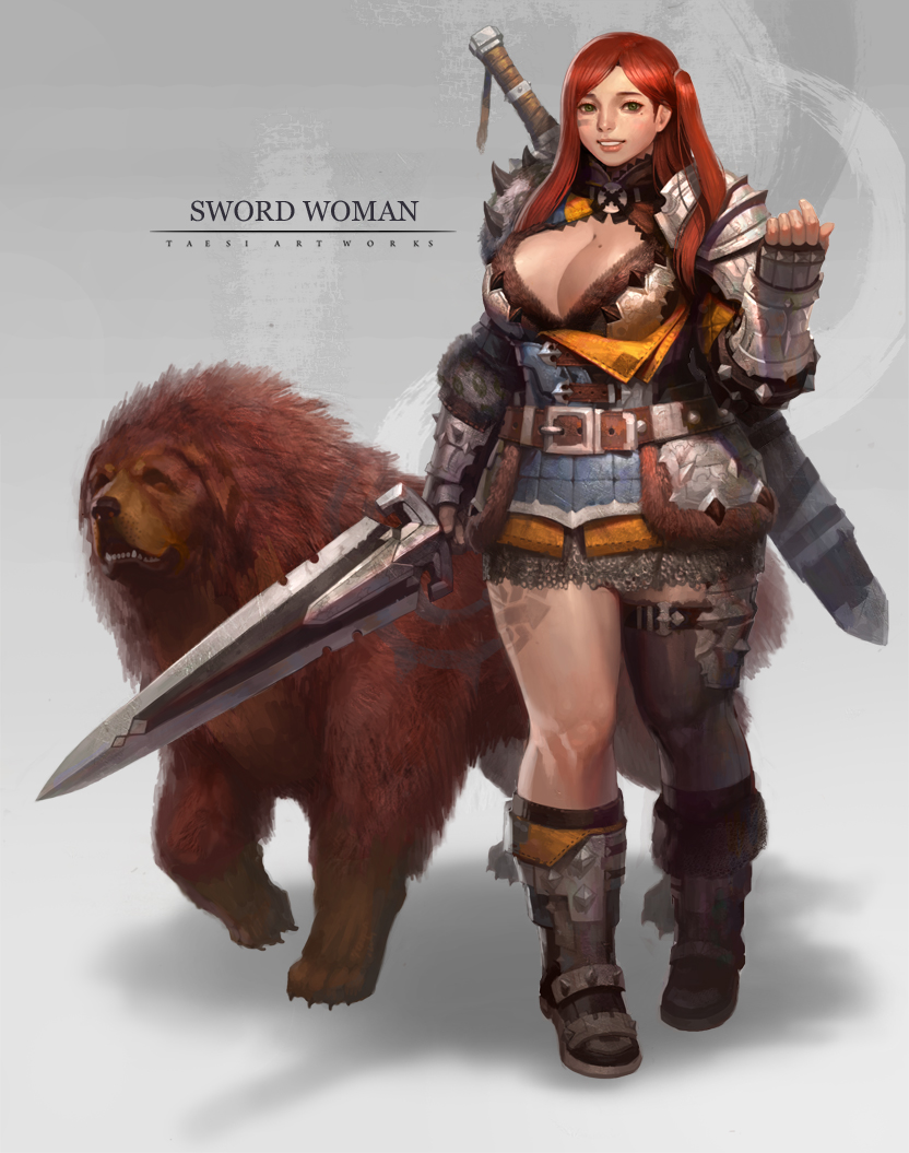 1girl, armor, belt, boots, breasts, chainmail, cleavage, cleavage_cutout, dog, faulds, fingerless_gloves, gloves, green_eyes, large_breasts, lips, long_hair, mole, nose, one_side_up, original, over_shoulder, pauldrons, plump, realistic, redhead, single_thighhigh, sword, sword_over_shoulder, taemin_park, tattoo, thigh-highs, weapon, weapon_over_shoulder