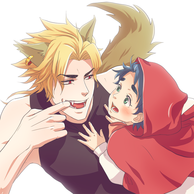 2boys, animal_ears, blonde_hair, blue_eyes, blue_hair, child, dio_brando, fangs, jojo_no_kimyou_na_bouken, jonathan_joestar, kemonomimi_mode, little_red_riding_hood, little_red_riding_hood_(cosplay), multiple_boys, parody, red_eyes, tail, time_paradox, vampire, wolf_ears, wolf_tail, young, yukimaru_choco