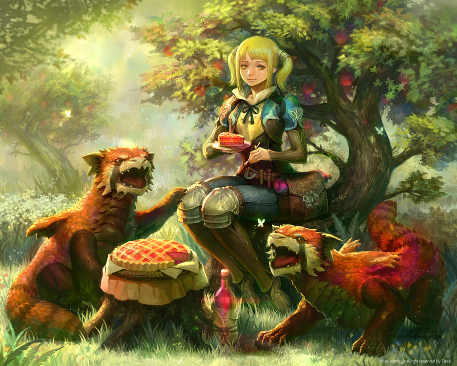 1girl, apple_pie, belt, belt_pouch, blonde_hair, blue_eyes, corset, dragon, eating, fantasy, fork, greaves, jeans, knee_pads, original, payot, pie, pointy_ears, popped_collar, short_hair, short_twintails, shoulder_pads, sitting, solo_focus, taemin_park, tree, twintails, wine_bottle