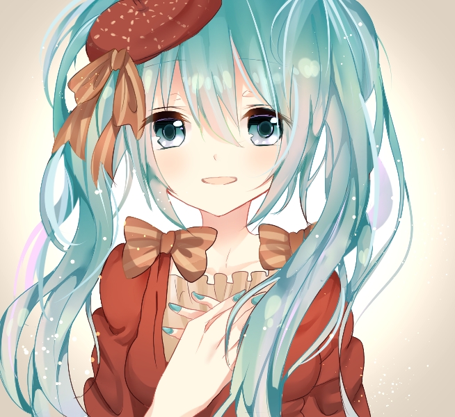 1girl, aqua_eyes, aqua_hair, hat, hatsune_miku, long_hair, mamu, nail_polish