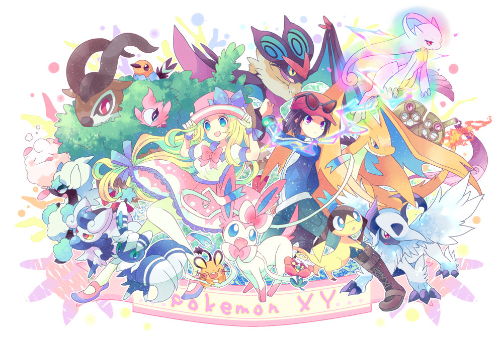 1boy, 1girl, absol, blonde_hair, blue_eyes, brown_eyes, calme_(pokemon), charizard