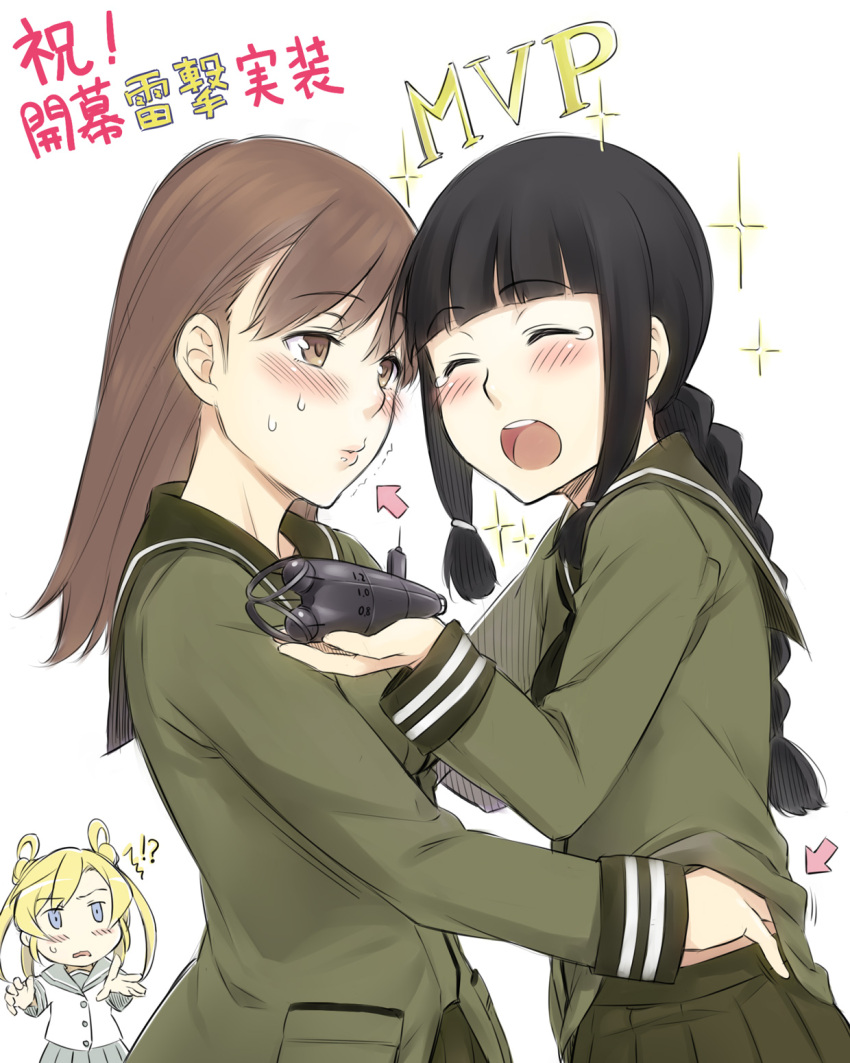 !?, /\/\/\, 3girls, :o, ^_^, abukuma_(kantai_collection), black_hair, blonde_hair