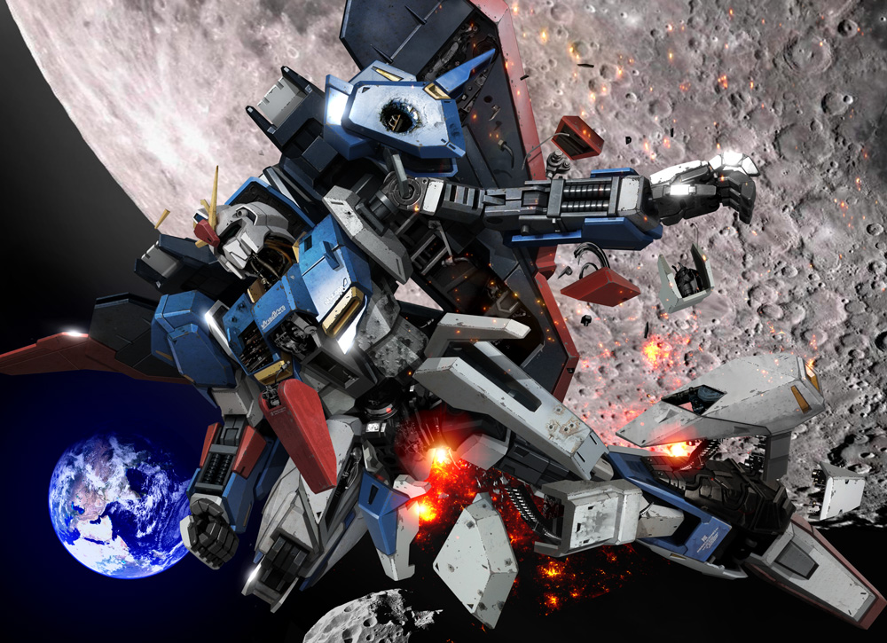 asteroid, damaged, earth, fire, gundam, hiropon_(tasogare_no_puu), mecha, moon, no_humans, space, zero_gravity, zeta_gundam, zeta_gundam_(mobile_suit)