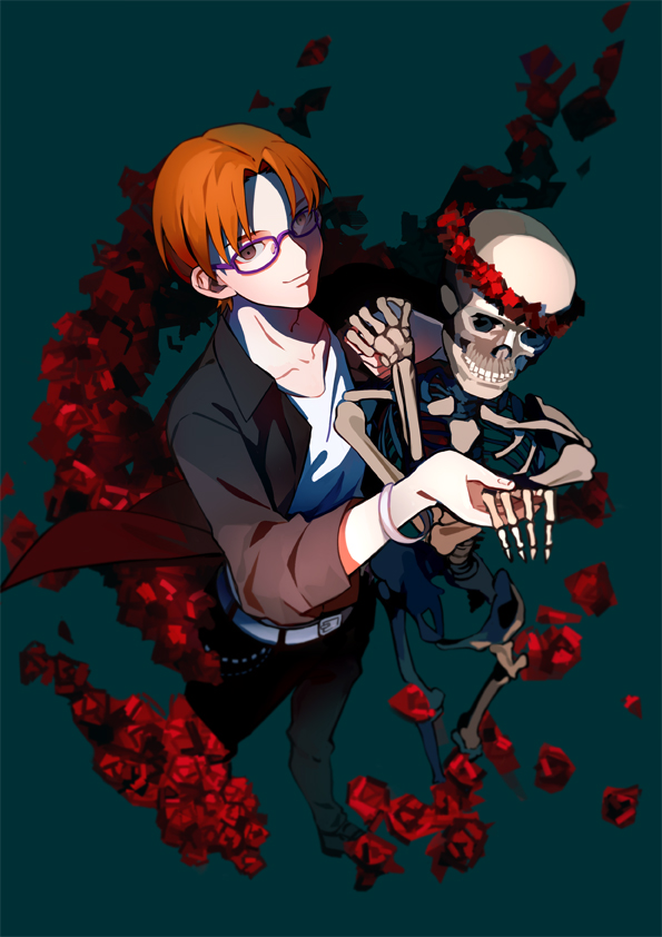 1boy, bespectacled, fate/zero, fate_(series), flower, glasses, head_wreath, istkeinmal, jacket, orange_hair, rose, skeleton, uryuu_ryuunosuke