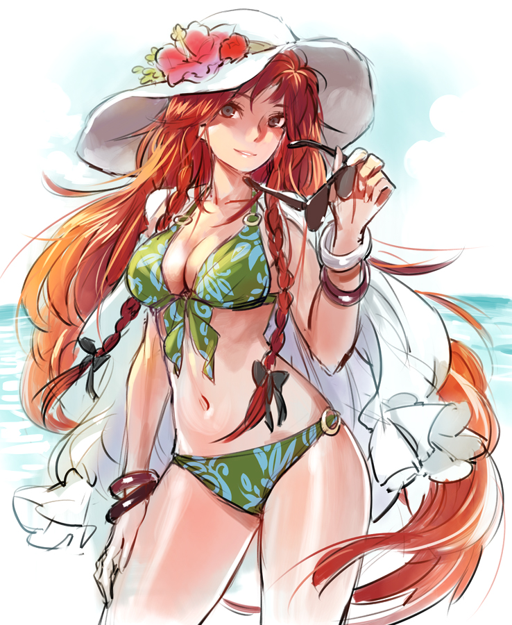 1girl, alternate_costume, bikini, blue_sky, bow, bracelet, braid, breasts, cleavage, clouds, flower, front-tie_top, green_bikini, green_eyes, grey_eyes, hair_bow, hat, hat_flower, hong_meiling, jewelry, large_breasts, long_hair, looking_at_viewer, matsuda_(matsukichi), navel, ocean, open_clothes, open_shirt, redhead, shirt_on_shoulders, sky, smile, solo, sunglasses_off, sunglasses_removed, swimsuit, touhou, twin_braids, very_long_hair