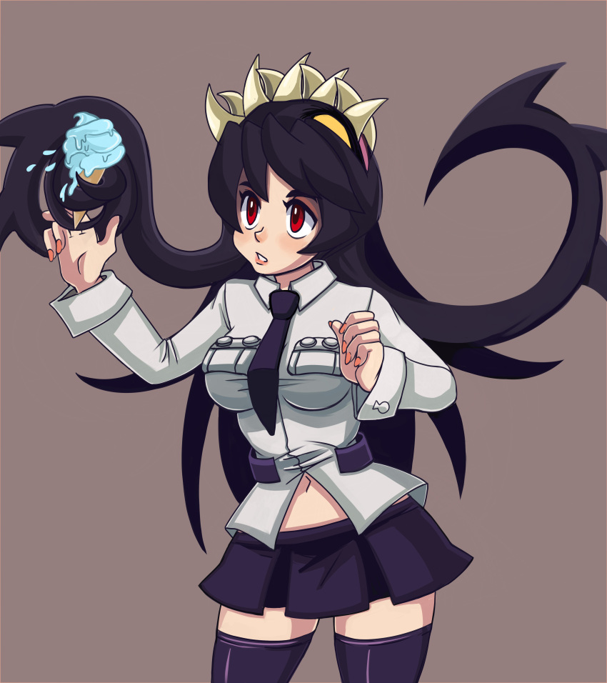 1girl, absurdres, black_hair, black_legwear, extra_mouth, filia_(skullgirls), food, highres