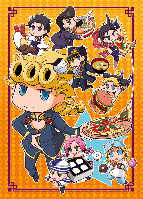 2girls, 6+boys, black_hair, blonde_hair, chibi, doughnut, egg, food, giorno_giovanna, hamburger, higashikata_jousuke, higashikata_jousuke_(jojolion), hirose_yasuho, hot_dogs, johnny_joestar, jojo_no_kimyou_na_bouken, jojolion, jonathan_joestar, joseph_joestar_(young), kuujou_jolyne, kuujou_joutarou, miso_soup, multiple_boys, multiple_girls, noodles, oshijou, pizza, ramen, rice_bowl, sausage, soup, steel_ball_run, wagashi