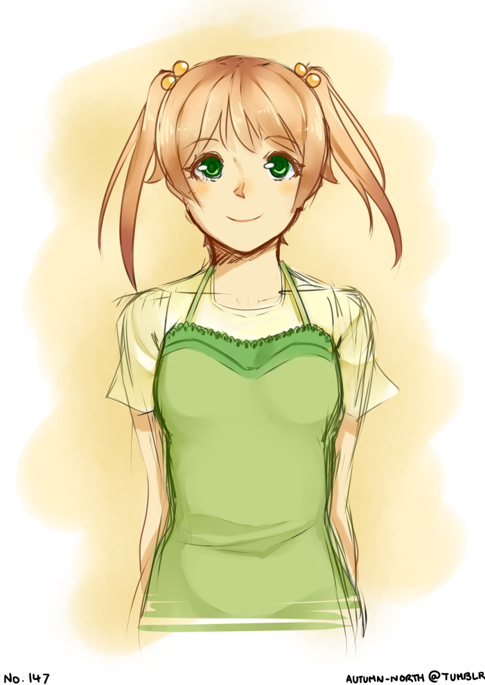 1girl, arms_behind_back, autumn-north, blush, brown_hair, bust, camisole, green_eyes